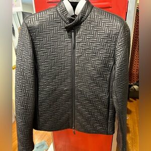 NWT Emporio Armani Black lamb geometric Quilted Leather jacket 3D embossed